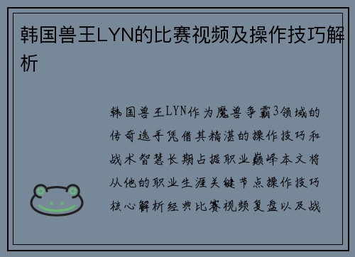韩国兽王LYN的比赛视频及操作技巧解析