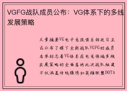 VGFG战队成员公布：VG体系下的多线发展策略