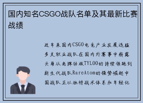国内知名CSGO战队名单及其最新比赛战绩